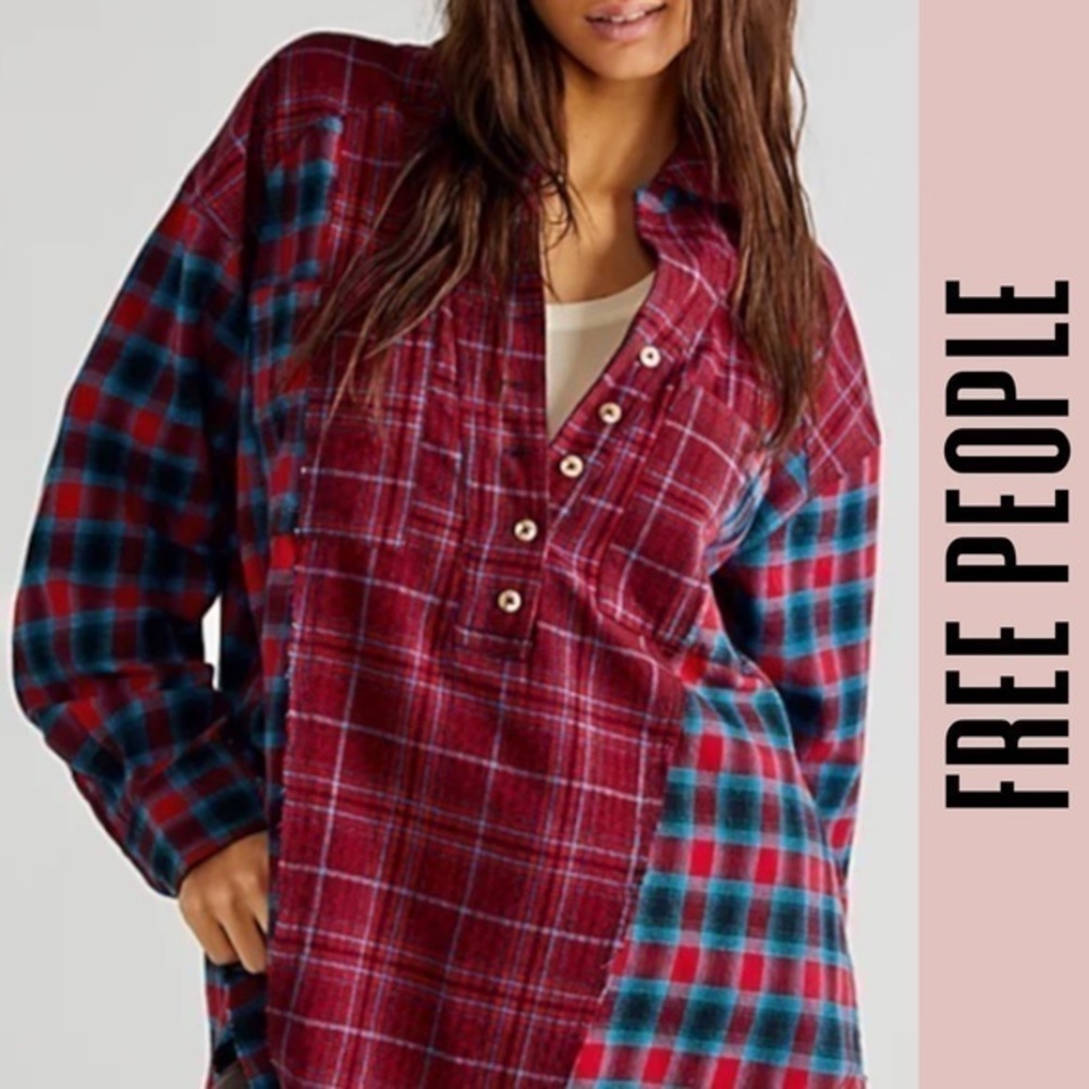 Free People plaid shirt oversized cotton button front Fall